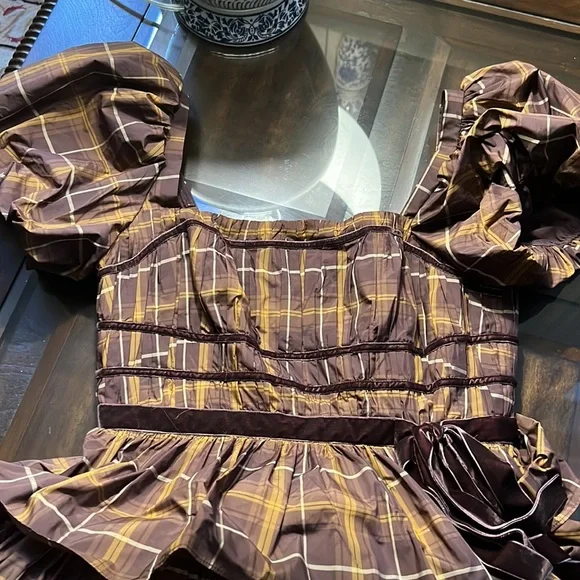 Antonio Melani Maisie Plaid Print Square Neck Puff Sleeve Ruffle Midi Dress - Picture 11 of 13